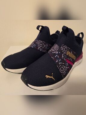 Puma Slip-On Athletic Sneakers in Navy with Floral Strap